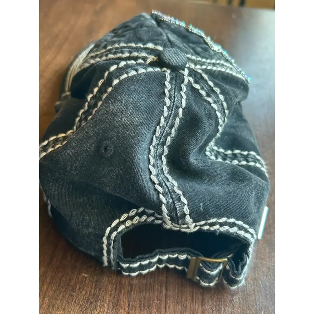 Olive & Pique quilted baseball cap featuring an iridescent rhinestone flower